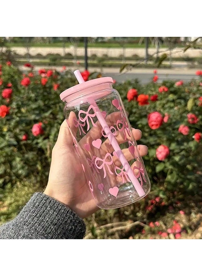 شيبشيب كوب ماء مع ربطة أنيقة بسعة 470 مل، كوب قهوة مثلجة أنيق للنساء، برطمان فرنسي بغطاء وقشّة، مثالي للاستخدام اليومي، الحفلات والسفر - Image 2