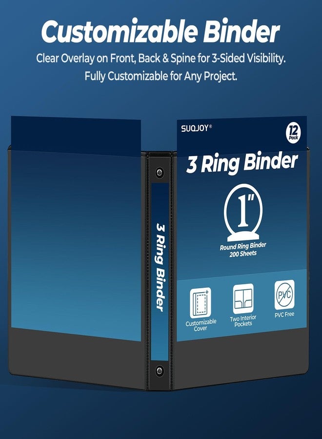 SUQJOY 1 Inch 3 Ring Binders 12 Pack, Clear View Binder Bulk, Black PVC-Free 3-Ring Binders for School, Office or Home, Fits 8.5 x 11 Inches Paper - Image 3