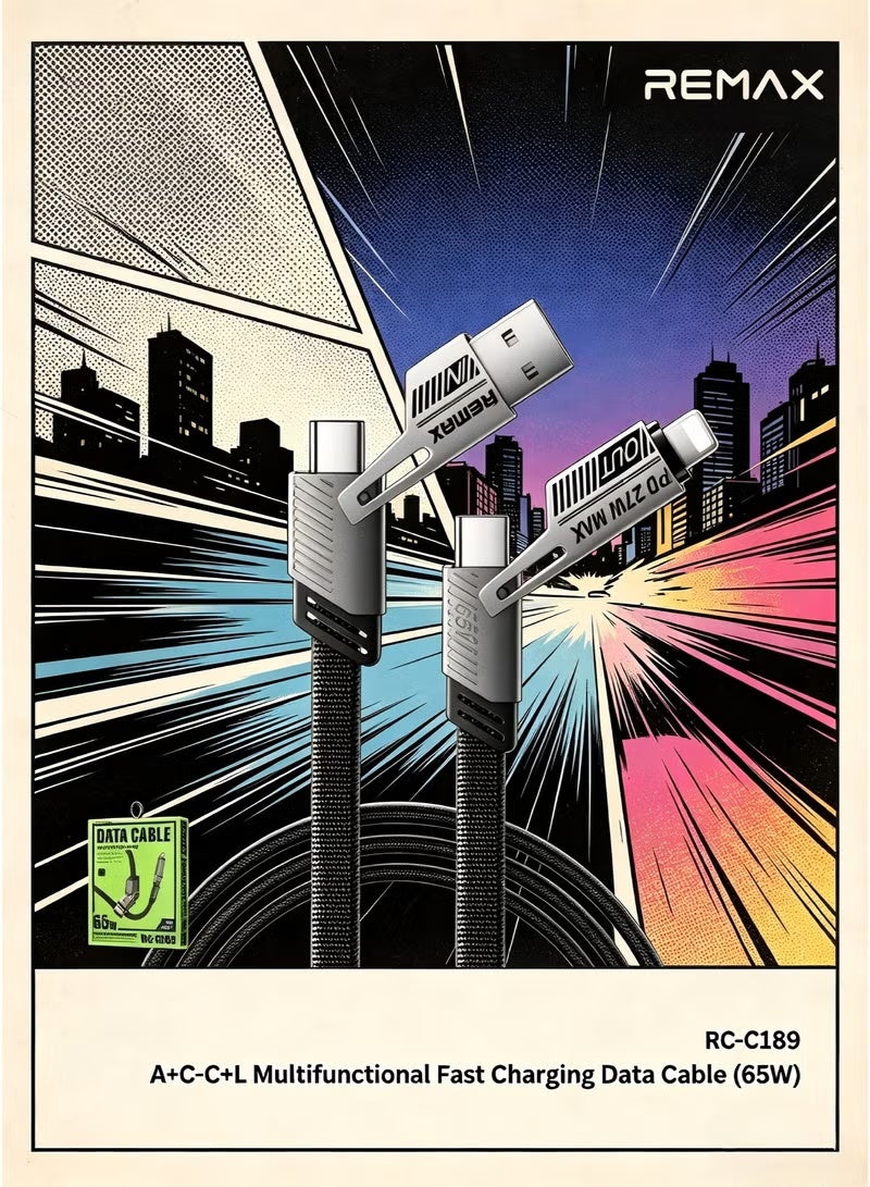 REMAX RC-C189 2-in-2 Fast Charging Data Cable USB-A and USB-C to USB-C Lightning, 65W High Power Charging Cable, Multi Connector Cable for Compatible Smartphones, Tablets and Electronic Devices - Image 1