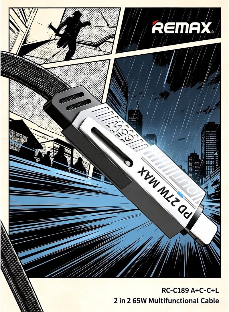 REMAX RC-C189 2-in-2 Fast Charging Data Cable USB-A and USB-C to USB-C Lightning, 65W High Power Charging Cable, Multi Connector Cable for Compatible Smartphones, Tablets and Electronic Devices - Image 5