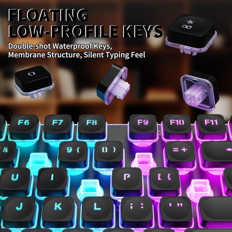 Free wolf FREEWOLF M104 RGB Wireless Computer Keyboard, Ergonomic Membrane Low Profile Keys, 2.4G/BT/USB Wired, Spill-Resistant, 4000mAh, Silent 104 Key Full-size with Numeric Keypad for PC Laptop Mac - Black - Image 5