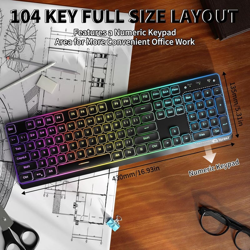 Free wolf FREEWOLF M104 RGB Wireless Computer Keyboard, Ergonomic Membrane Low Profile Keys, 2.4G/BT/USB Wired, Spill-Resistant, 4000mAh, Silent 104 Key Full-size with Numeric Keypad for PC Laptop Mac - Black - Image 4