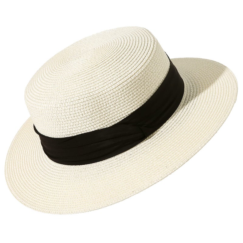 Lanzom Sun Hats for Women Wide Brim Straw Boater Hat Foldable Packable Beach Hat for Summer (Ivory White, Medium) - Image 1