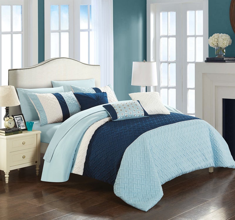 Chic Home Chic Home Osnat 10 Piece Comforter Set Color Block Quilted Embroidered Design Bed in a Bag Bedding  Sheets Decorative Pillows Shams Included Queen Blue 