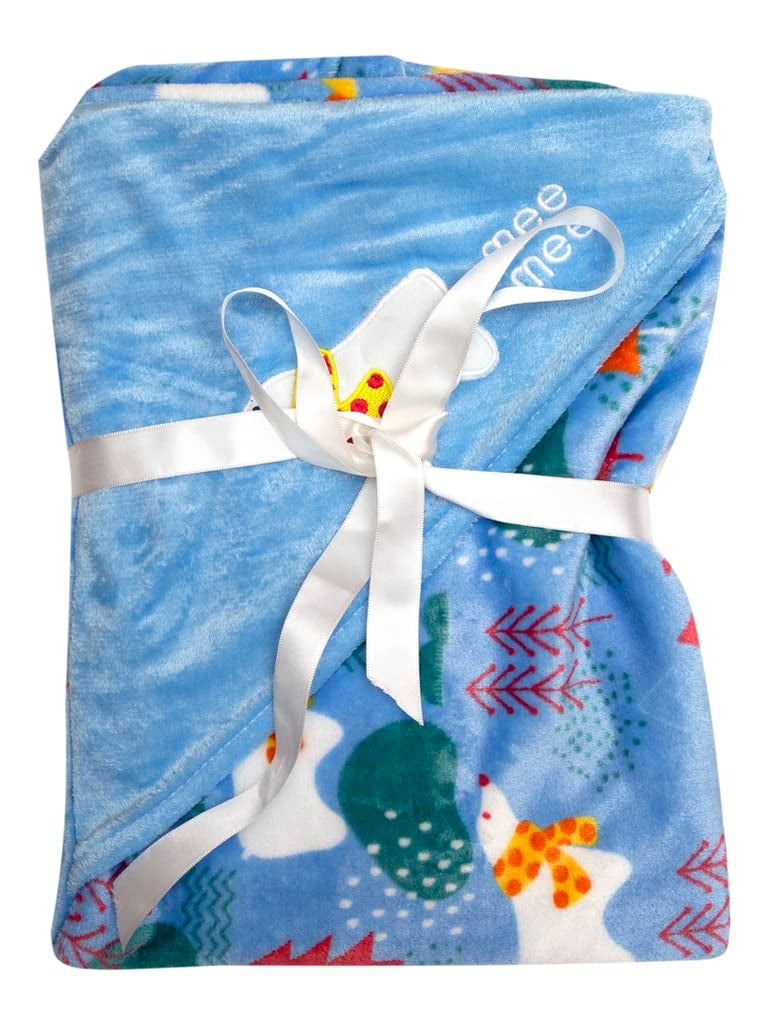 mee mee Mee Mee 100% Soft Cotton Hooded Baby Wrapper Cum Warmer, Blanket with Hood for New Born Baby 0 to 6 Months (Blue - Penguine Print) - Image 1