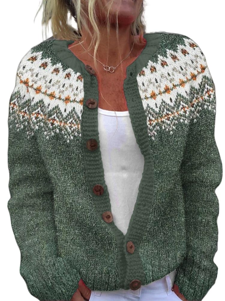 Beopjesk Women's Funny Fall Winter Vintage Felman Island Snowflake Long Sleeve Button Knit Cardigan Sweater(ZZ-Green,M) - Image 1