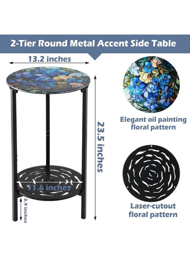 lucpur 2-Tier Metal Round Side Table Black Accent Coffee Tables Small Space Corner Plant Stand Shelf for Indoor Outdoor Use Patio Balcony End Table Floral Print Weather-Resistant - Image 2