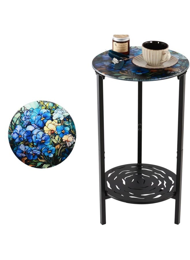 lucpur 2-Tier Metal Round Side Table Black Accent Coffee Tables Small Space Corner Plant Stand Shelf for Indoor Outdoor Use Patio Balcony End Table Floral Print Weather-Resistant - Image 1