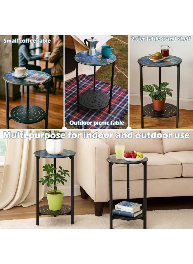lucpur 2-Tier Metal Round Side Table Black Accent Coffee Tables Small Space Corner Plant Stand Shelf for Indoor Outdoor Use Patio Balcony End Table Floral Print Weather-Resistant - Image 4