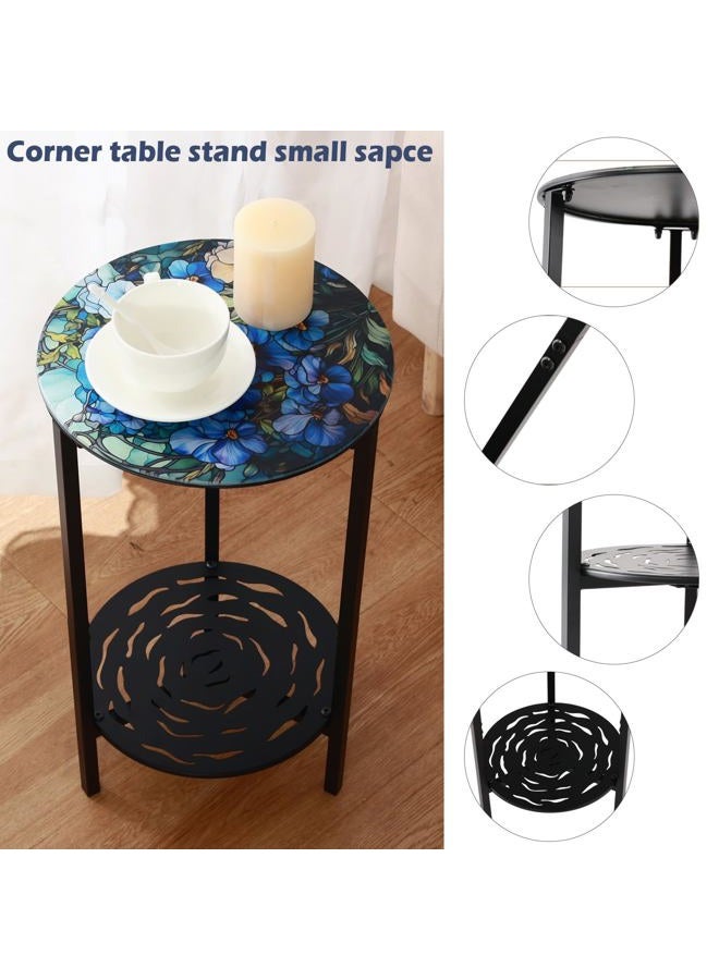 lucpur 2-Tier Metal Round Side Table Black Accent Coffee Tables Small Space Corner Plant Stand Shelf for Indoor Outdoor Use Patio Balcony End Table Floral Print Weather-Resistant - Image 5