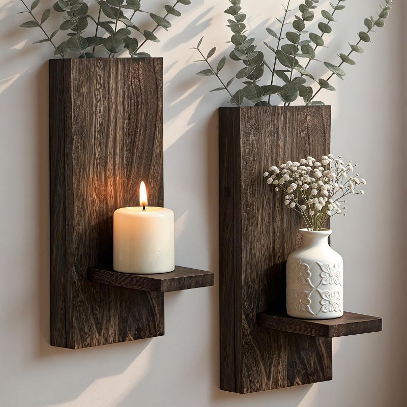 Treory Wood Wall Planter Set of 2 Wooden WallMounted Vase with Shelf for Plants Candles Farmhouse Hanging Wall Decor for Living Room Bedroom Bathroom Entryway Narrow Spaces 138 x 5 - Image 2