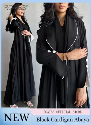 Fashionable Elegant Cardigan Abaya for Women Lapel Long Sleeve Back Pleated Muslim Cardigan Coat Women's Daily Commuting Formal Occasions Long Skirt Coat Black