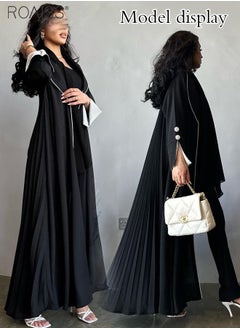 roaiss Fashionable Elegant Cardigan Abaya for Women Lapel Long Sleeve Back Pleated Muslim Cardigan Coat Women's Daily Commuting Formal Occasions Long Skirt Coat Black  - Image 4
