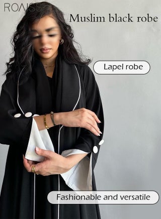 Fashionable Elegant Cardigan Abaya for Women Lapel Long Sleeve Back Pleated Muslim Cardigan Coat Women's Daily Commuting Formal Occasions Long Skirt Coat Black - view 5
