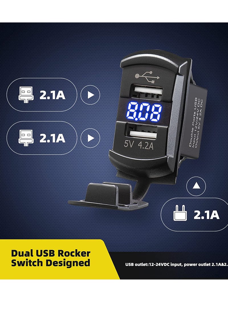 SYOSI Car Charger 4.2A Dual USB Port Socket Rocker Style Adapter Socket and Waterproof  Fast Charge Mount with Blue Led Digital Voltmeter for Rocker Marine Switch Panel on Boat RV Vehicle ect - Image 3