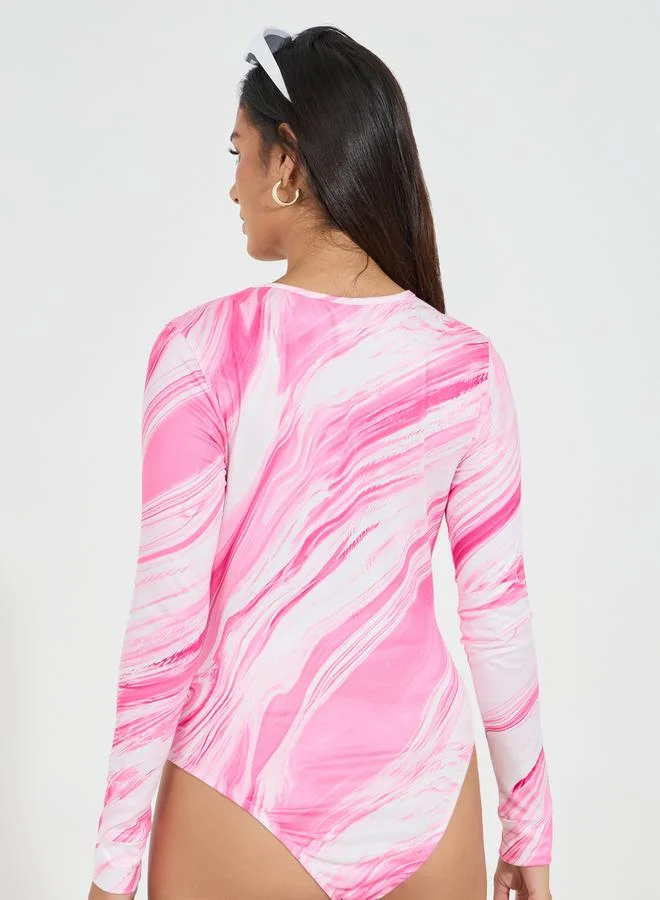 Styli Marbled Print Round Neck Bodysuit