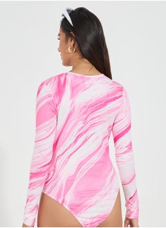 Styli Marbled Print Round Neck Bodysuit  - Image 5