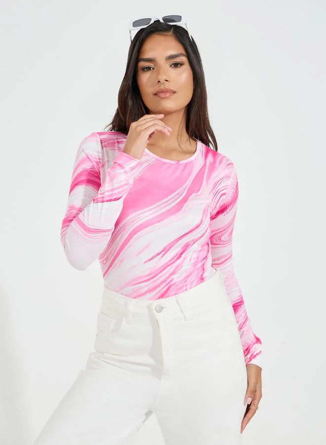 Styli Marbled Print Round Neck Bodysuit