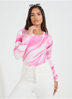 Styli Marbled Print Round Neck Bodysuit  - Image 3