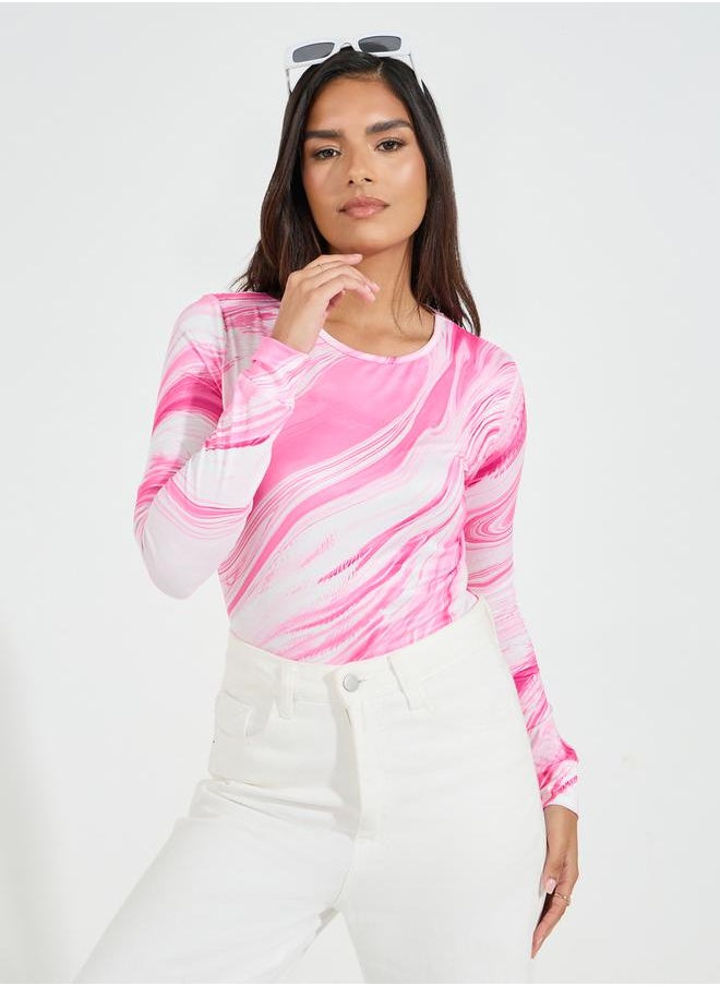 Styli Marbled Print Round Neck Bodysuit  - Image 3