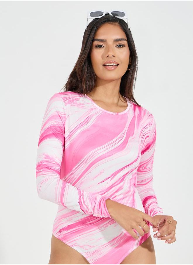 Styli Marbled Print Round Neck Bodysuit  - Image 1