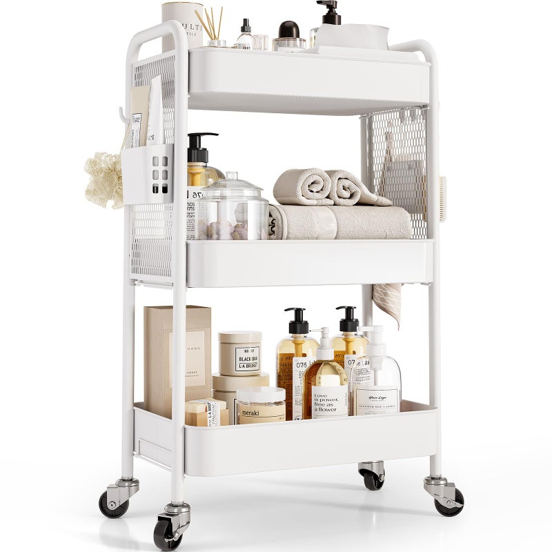TOOLF 3 Tier Rolling Cart Storage Organizer Metal Rolling Utility Cart with Wheels Hooks Bins Esthetician Craft Art Sturdy Storage with Pegboard for Bathroom Kitchen Office Nursery Diaper