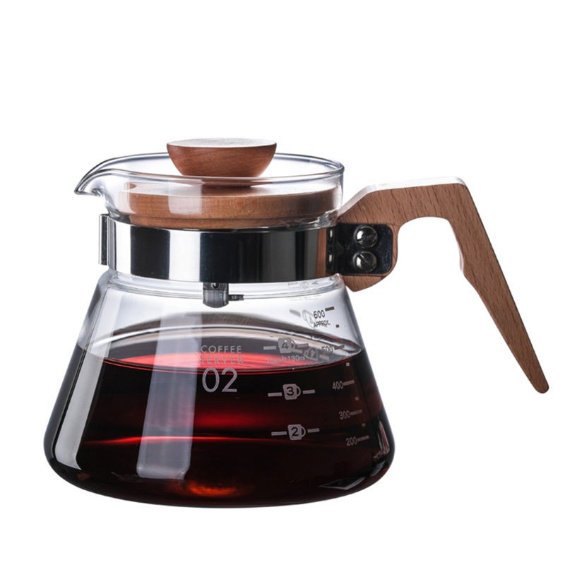 Borosilicate Glass Coffee Server 600ml: Premium Glass And Wood Material - Clear Scale For Easy Measuring, Comfy Solid Handle for Home Coffee Brewing - Image 1