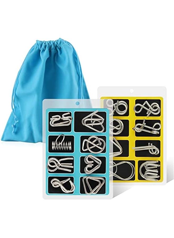 Metal Wire Puzzle Set of 16 with Pouch,Brain Teaser IQ Test Disentanglemen Iron Link Unlock Interlock Game Chinese Ring Magic Trick Toy for Party Favor Kids Adults Challenge  - Image 1
