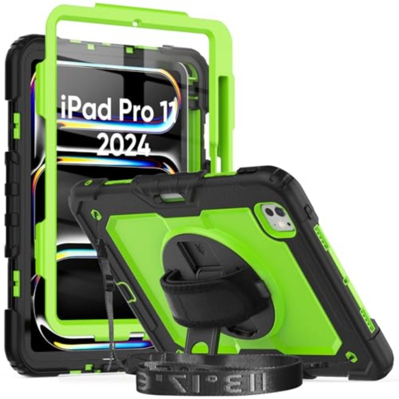 11 حافظة 2024 موديل A2836/A2837/A3006 لجهاز iPad Pro: حافظة سوداء متينة مقاومة للصدمات من البولي كربونات مع واقي شاشة، حامل، حزام يد، حزام كتف، قلم Apple Pencil Pro يدعم الشحن - Image 1