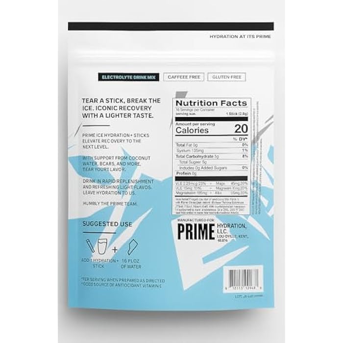 PRIME HYDRATION ICE Sticks, Hydration Powder Single Serve Sticks, Electrolyte Powder On The Go, 250mg BCAAs, B Vitamins, Antioxidants, Low Sugar, Caffeine-Free, Vegan, 16 Sticks - Image 2