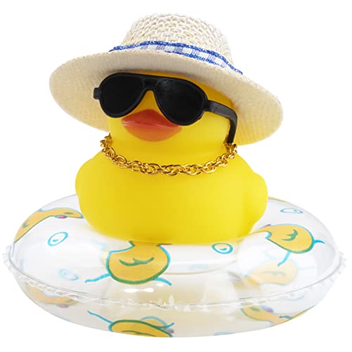 wonuu Car Rubber Duck Decoration Car Dashboard Ornament Accessories with Mini Sun Hat Swim Ring Necklace and Sunglasses (A-Blue Straw Hat&Transparent) - Image 1