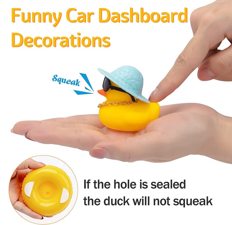 wonuu Car Rubber Duck Decoration Car Dashboard Ornament Accessories with Mini Sun Hat Swim Ring Necklace and Sunglasses (A-Blue Straw Hat&Transparent) - Image 4