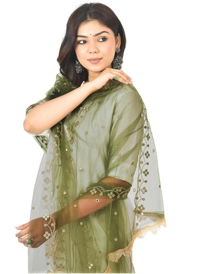 YOUTHQUAKE Emboridered Sequance Net Dupatta for Womens & Girls With Fancy Cut Design with Lace - Image 3