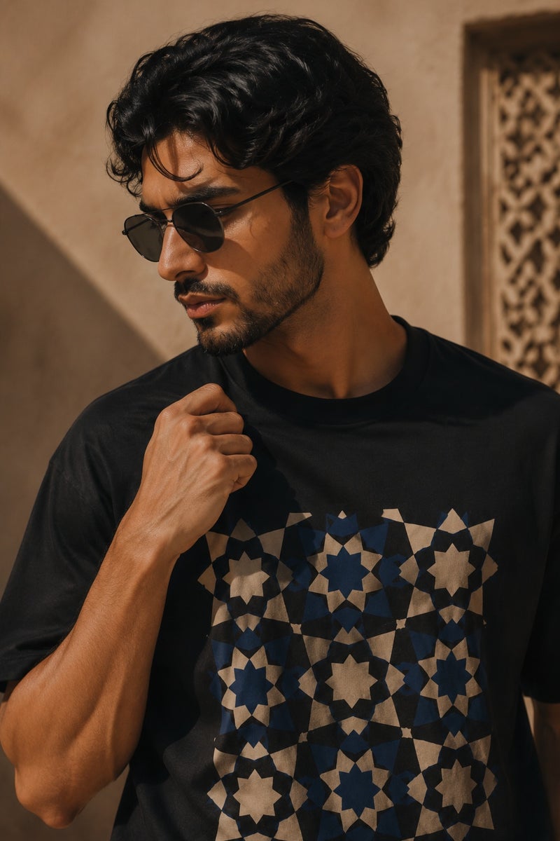 Men's Black Geometric Pattern T-Shirt Casual Short Sleeve Crew Neck Streetwear Tee - Image 5