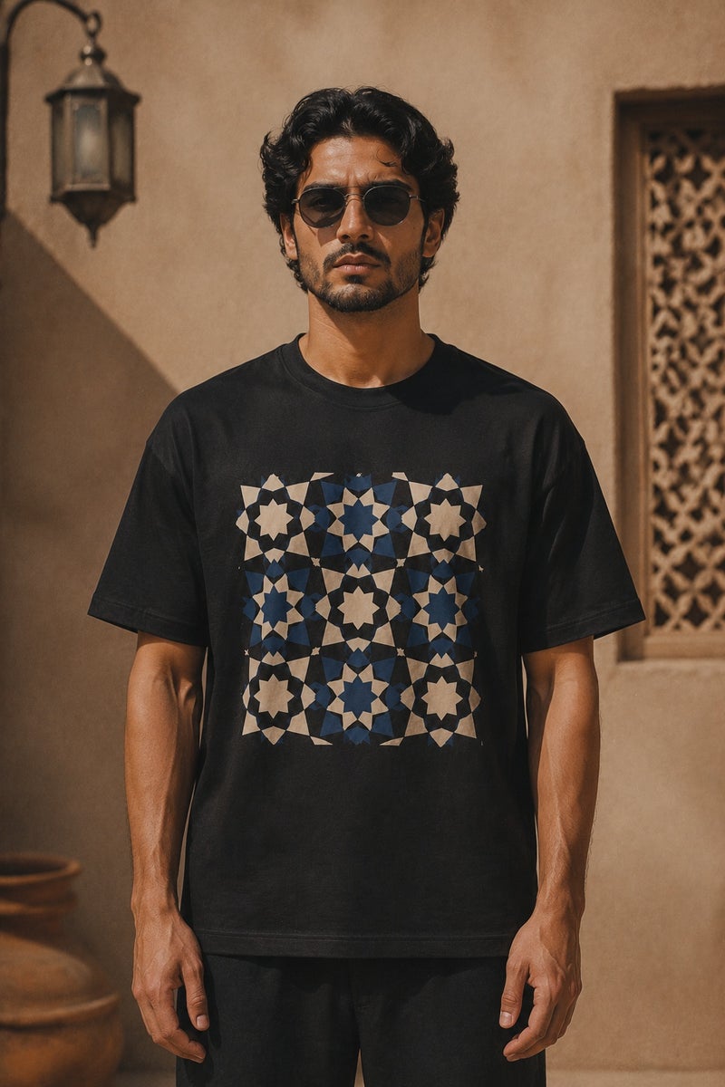 Men's Black Geometric Pattern T-Shirt Casual Short Sleeve Crew Neck Streetwear Tee - Image 2