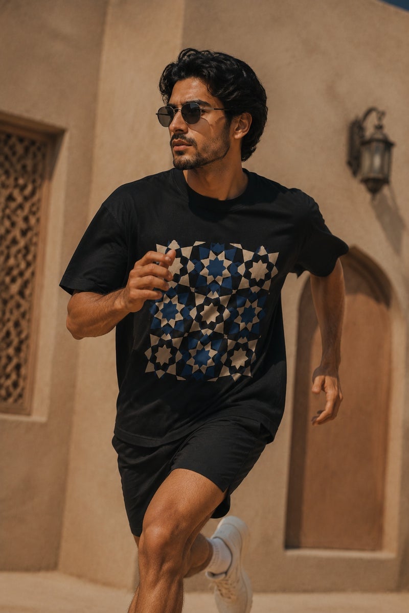 Men's Black Geometric Pattern T-Shirt Casual Short Sleeve Crew Neck Streetwear Tee - Image 3