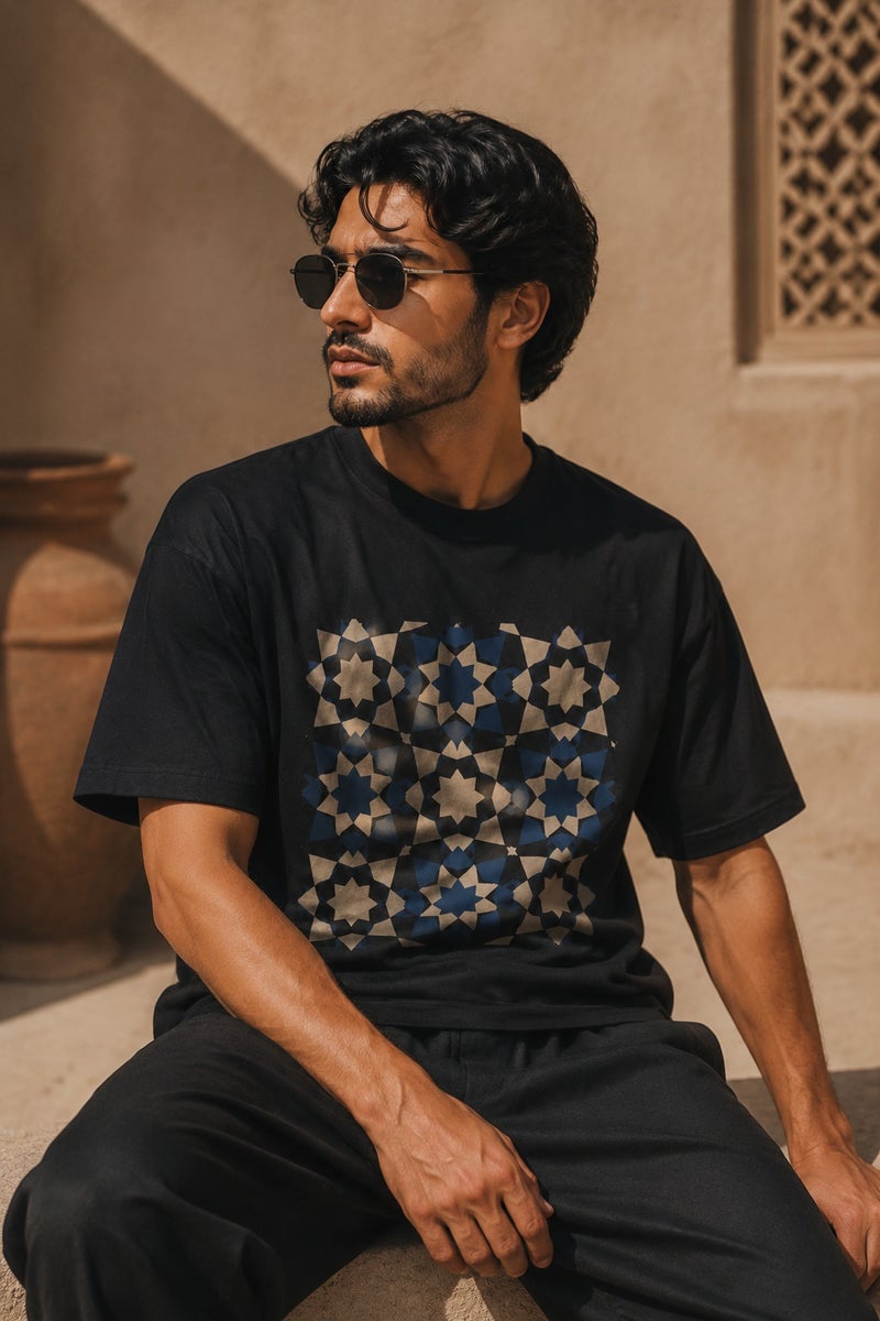 Men's Black Geometric Pattern T-Shirt Casual Short Sleeve Crew Neck Streetwear Tee - Image 4