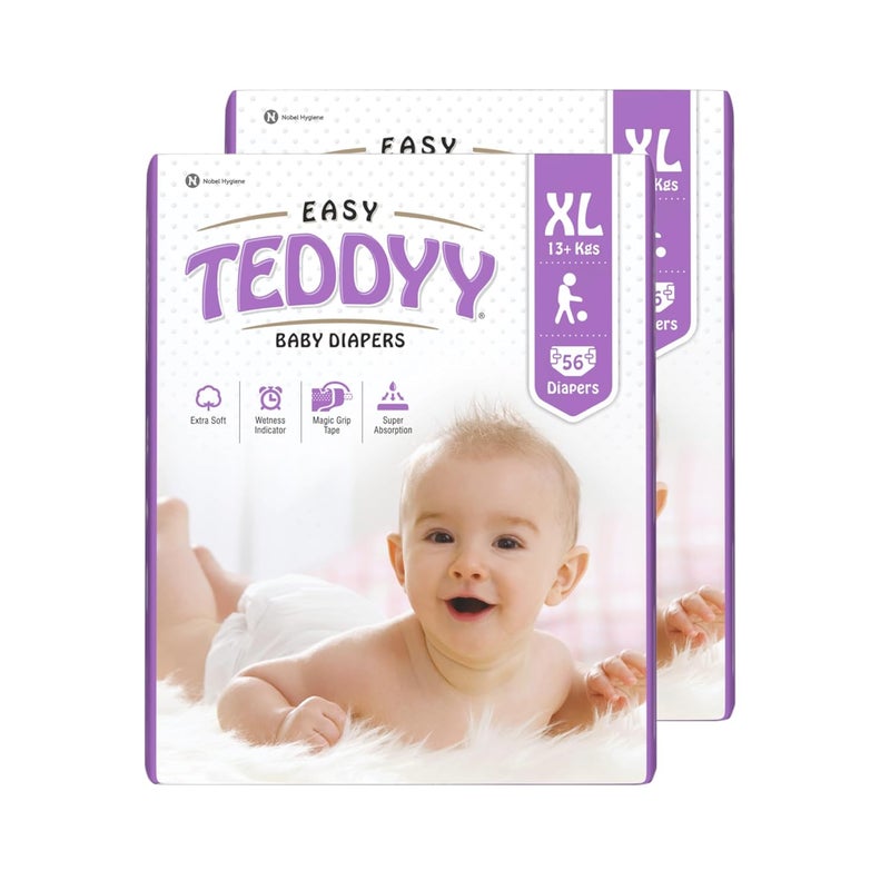 Teddyy حفاضات تيدي سهلة للأطفال مقاس كبير جداً (18-24 شهر) - 112 قطعة، 13-17 كجم، امتصاص طويل الأمد، مضادة للطفح الجلدي - Image 1
