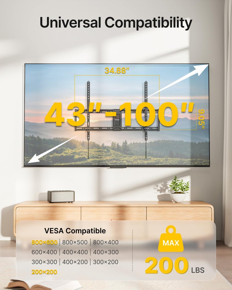 monTEK Heavy Duty Fixed TV Wall Mount for 43â€“100 Inch TVs up to 200 lbs, 1.2" Ultra Slim Low Profile Wall Mount Bracket, Max VESA 800x600mm, Fits 16"/18"/24"/32" Wood Studs, Secure Space-Saving Design - Image 2