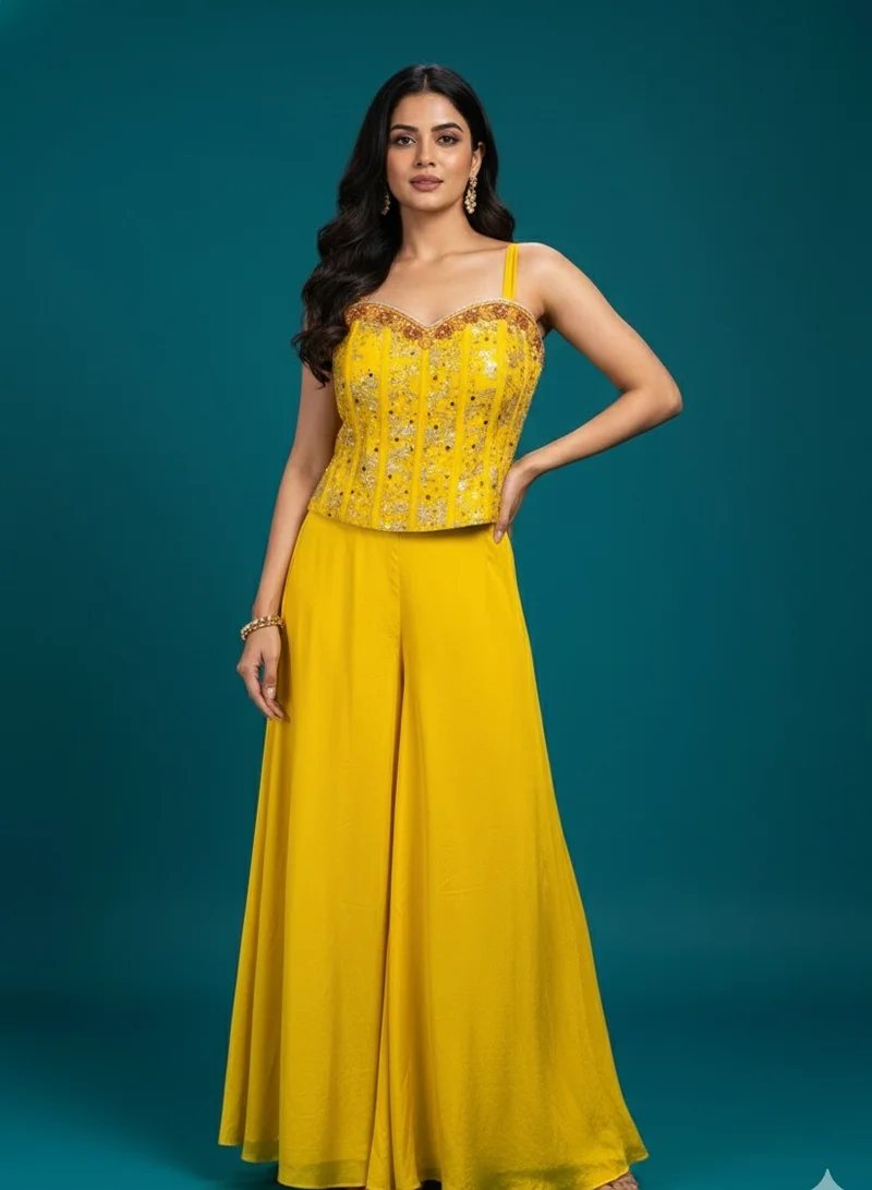 Lehar Yellow Corset Top & Plazzo Pants Set with Dupatta
