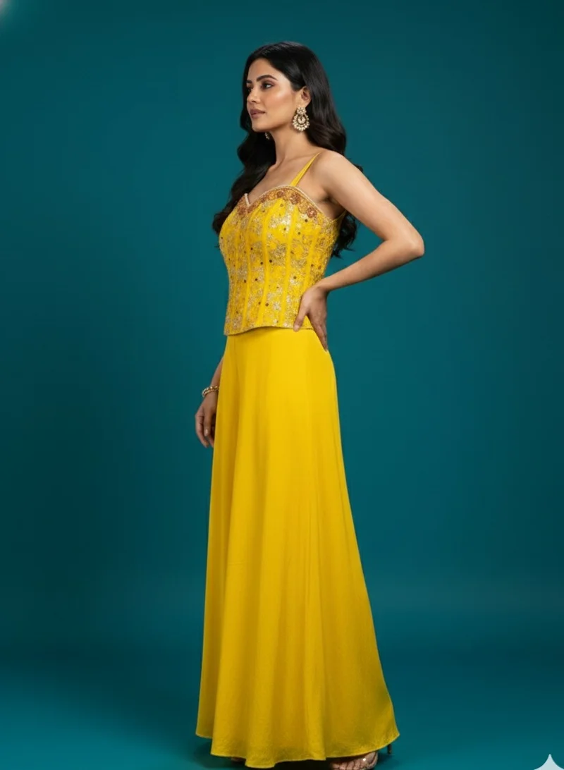 Lehar Yellow Corset Top & Plazzo Pants Set with Dupatta