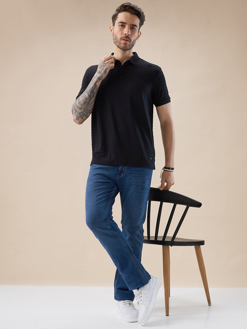 STATUS QUO Textured Regular Fit Black Polo T-shirt - Image 5