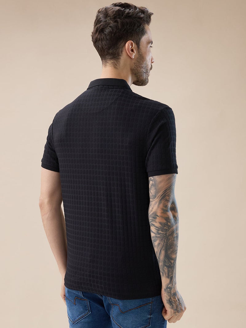 STATUS QUO Textured Regular Fit Black Polo T-shirt - Image 3