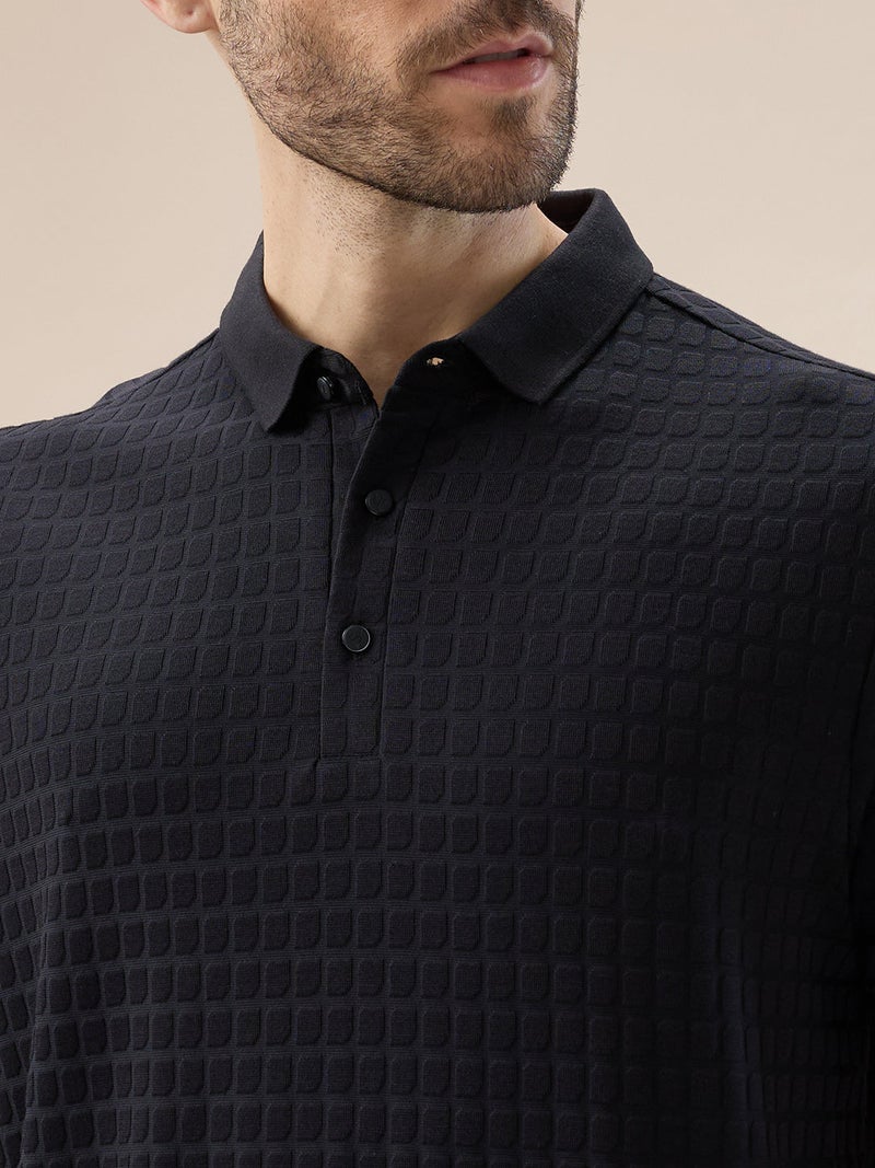 STATUS QUO Textured Regular Fit Black Polo T-shirt - Image 4