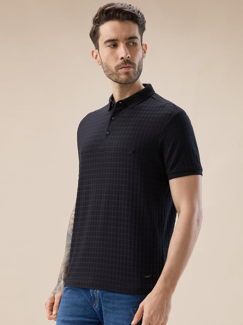 STATUS QUO Textured Regular Fit Black Polo T-shirt - Image 2