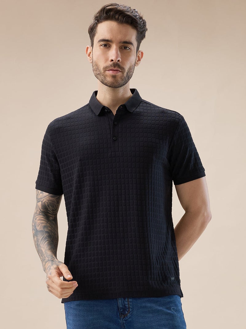 STATUS QUO Textured Regular Fit Black Polo T-shirt - Image 1
