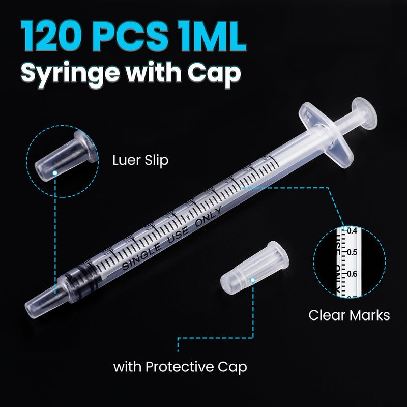 TENKAIWICK 120 PCS 1ml Syringe with Cap for Liquid, Oral Syringes without Needle for Medicine Dropper, Colostrum Collect, Feeding Pets, Liquid Measuring, Individually Sealed, Luer Slip - Image 2