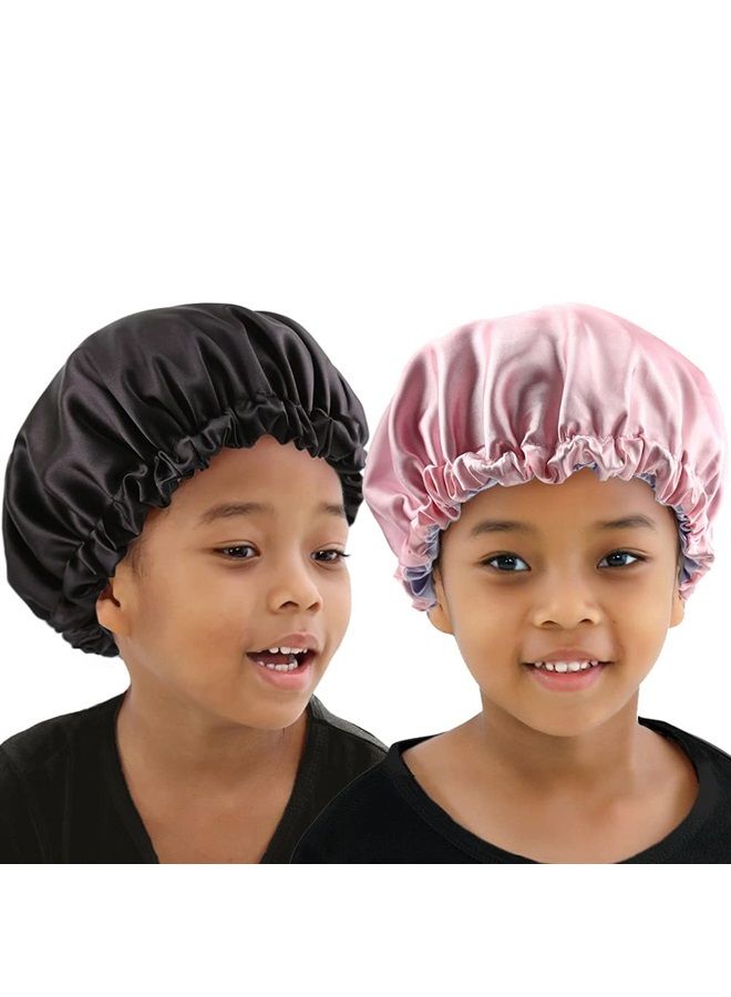 ELIHAIR غطاء رأس ساتان للأطفال 2 قطعة للنوم للشعر الطبيعي للمراهقين والأطفال الرضع قابل للتعديل (أسود + وردي/بنفسجي) - Image 1