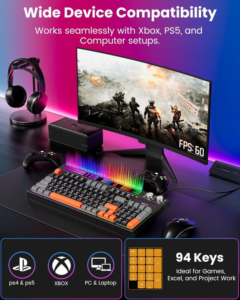 SABLUTE Keyboard Gaming - Audio-Sync RGB Light Strip, 19-Key Anti-Ghosting, Dual Control Knobs, Adjustable Stand, Ultra-Low Latency Quiet Mechanical Feel for PC Gamersï¼ˆBlack - Image 2