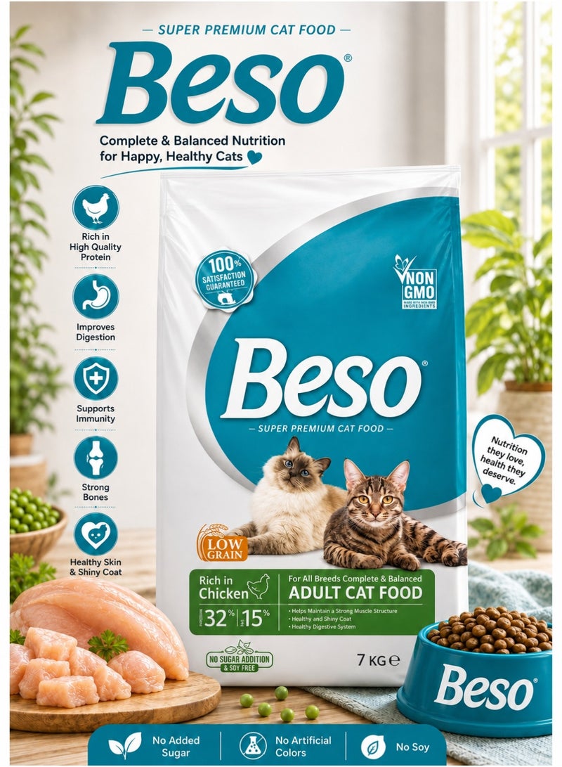 Beso Super Premium Adult Cat Food – Rich in Chicken Low Grain Formula – Complete & Balanced Nutrition for Healthy Adult Cats –7 KG